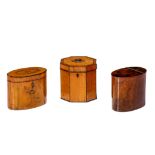 A COLLECTION OF THREE GEORGE III TEA CADDIES including an octagonal satinwood example with chequered