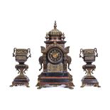 A LARGE LATE 19TH CENTURY FRENCH ALHAMBRA STYLE MARBLE, GILT AND PATINATED BRONZE CLOCK GARNITURE