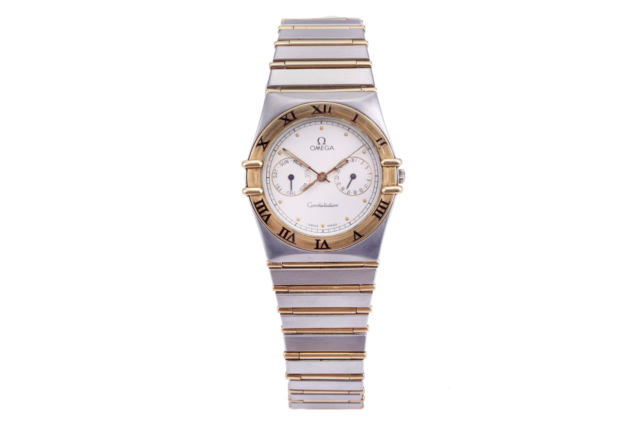OMEGA CONSTELLATION DAY-DATE WRISTWATCH A gents stainless steel and 18ct gold 'Omega
