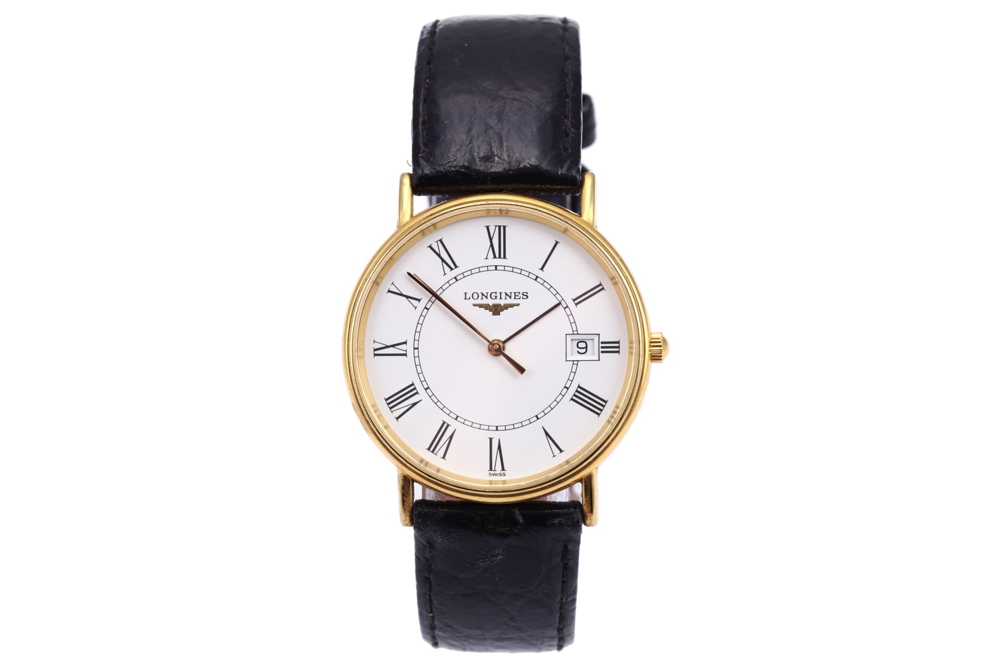 GENTS LONGINES DRESS WATCH  A gents gold plated Longines dress watch, with white dial, Roman