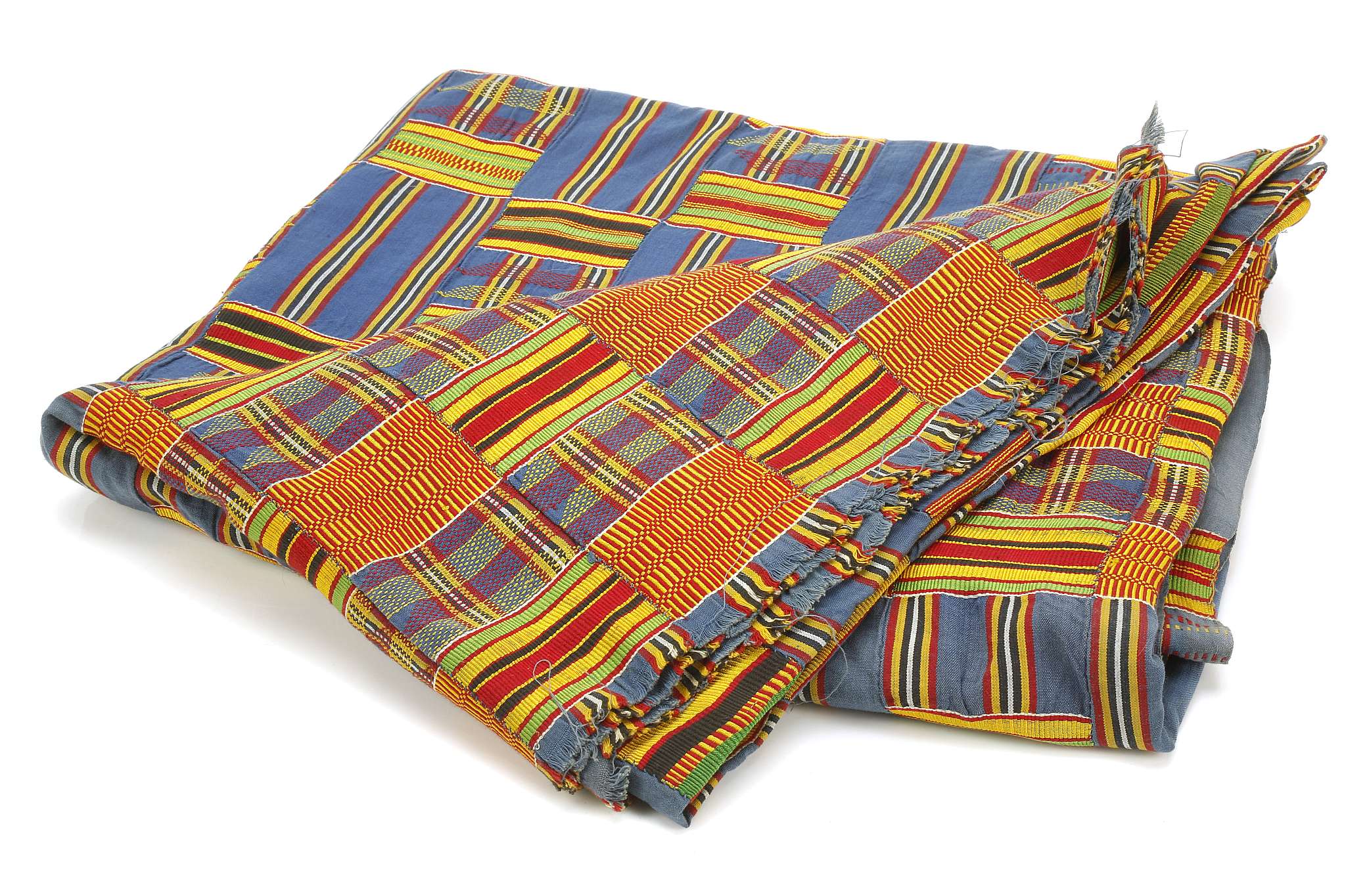 A KENTE CLOTH, GHANA With predominantly blue background, composed of a chequered design with