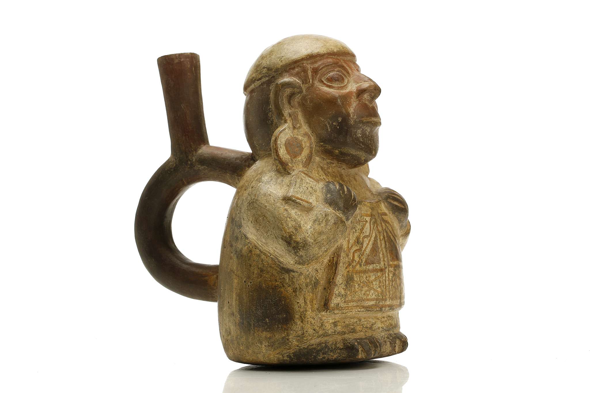 A MOCHE POTTERY FIGURAL VESSEL Depicted as a standing figure, with details added in paint, wearing a - Image 2 of 5