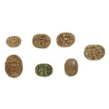 SIX EGYPTIAN STEATITE ROYAL SCARABS New Kingdom, 18th Dynasty, circa 1450-1400 B.C. Each with a