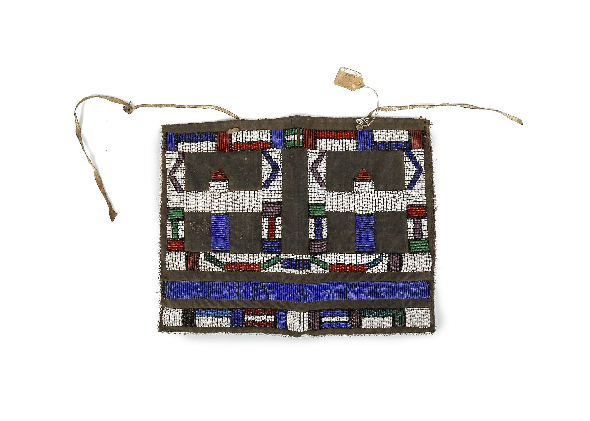 AN AFRICAN BEADED APRON Of geometric design, made of red, blue, white, green and purple beads,