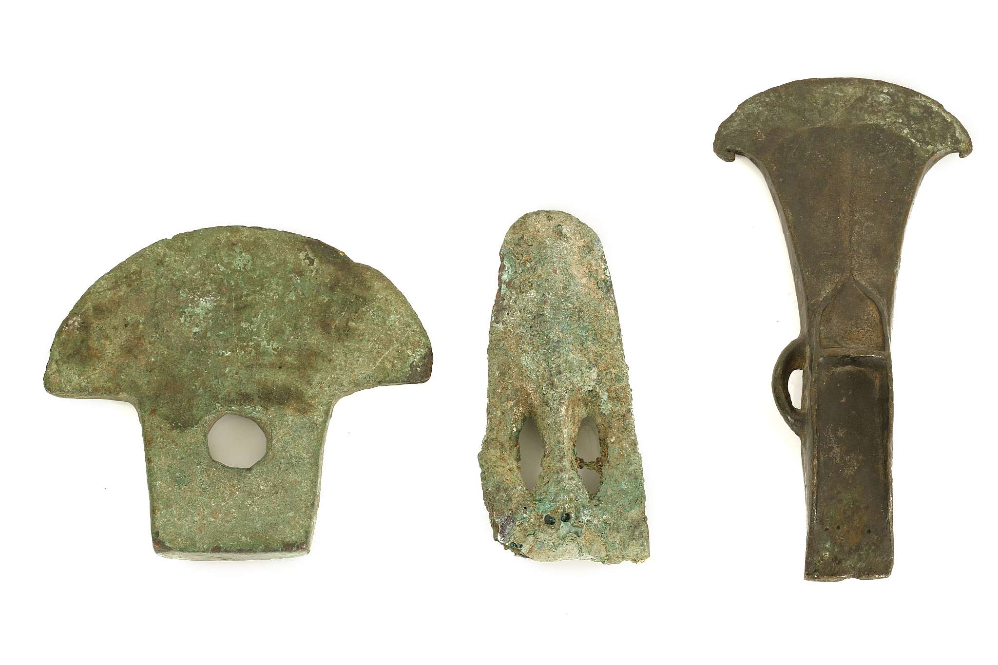 TWO ANCIENT BRONZE AXEHEADS Including a Canaanite duck-billed axehead, with two pierced oval eyes