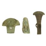 TWO ANCIENT BRONZE AXEHEADS Including a Canaanite duck-billed axehead, with two pierced oval eyes