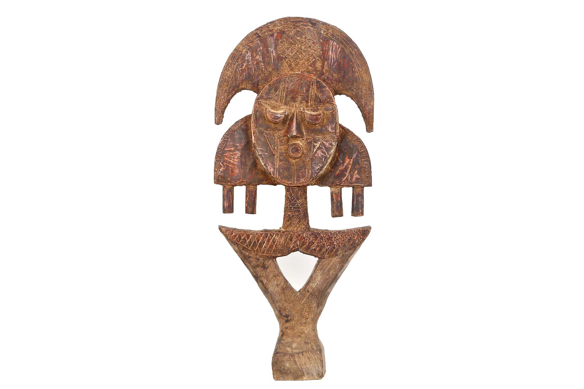 A KOTA RELIQUARY FIGURE, GABON With typical oval face, crescent-shaped eyes, round mouth, curved