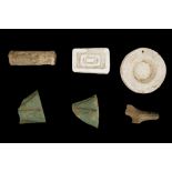 A GROUP OF ANCIENT ITEMS Including two Egyptian green glazed composition vessel fragments, each with