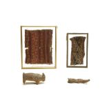 A GROUP OF PRE-COLUMBIAN ITEMS, PERU Including two framed polychrome textile fragments, one