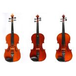 Three student violins: full size, three quarter and half size. All in good condition.