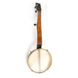 A banjo circa 1850-60 , wavy pot 6 string with geometric Tunbridge ware inlays to the finger