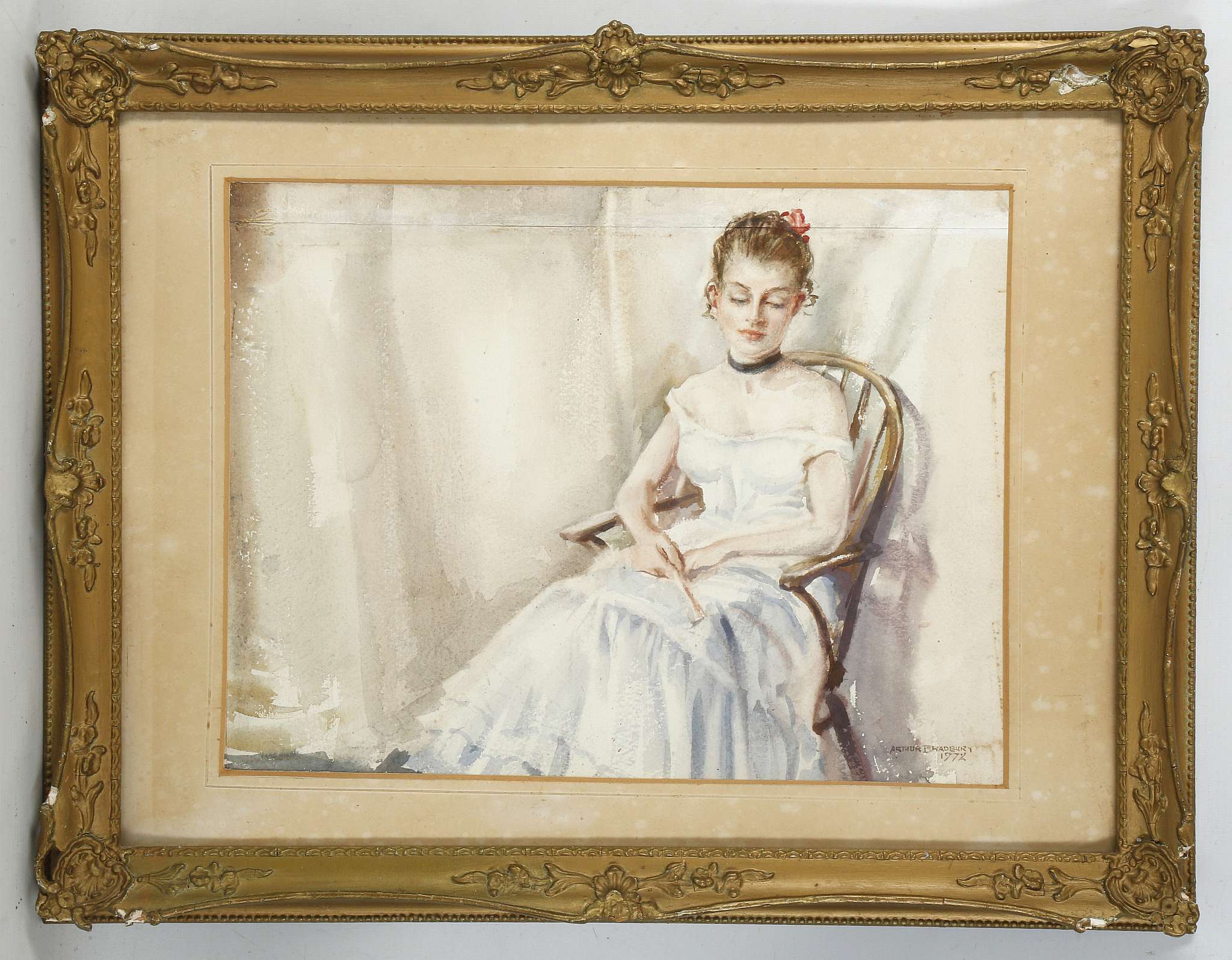 Arthur Royce Bradbury 1892-1977. Watercolour portrait of a young woman in white dress and red ribbon