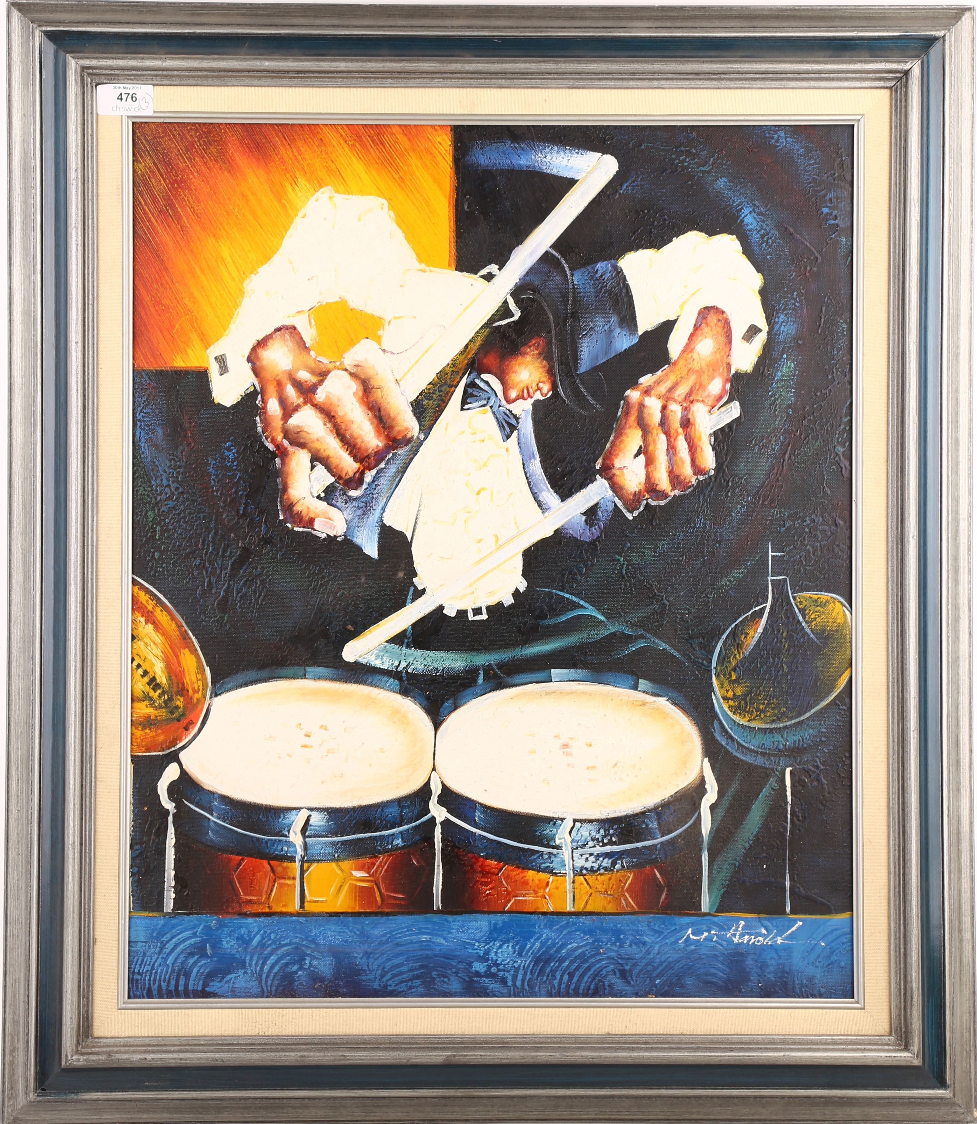 M. Harold (20th Century American). Jazz Musicians, three acrylics on canvas, 60 x 50cm.