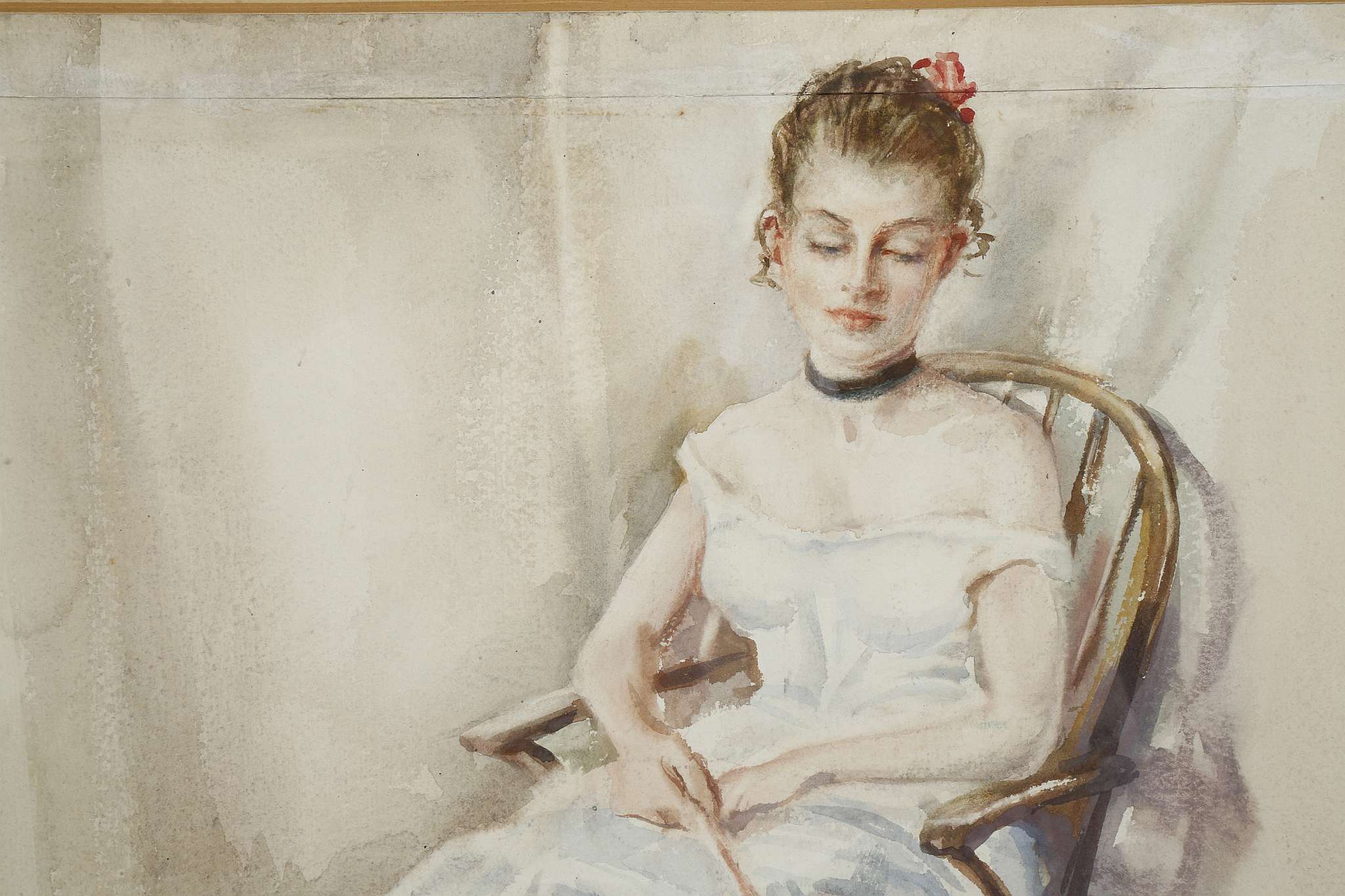 Arthur Royce Bradbury 1892-1977. Watercolour portrait of a young woman in white dress and red ribbon - Image 2 of 4