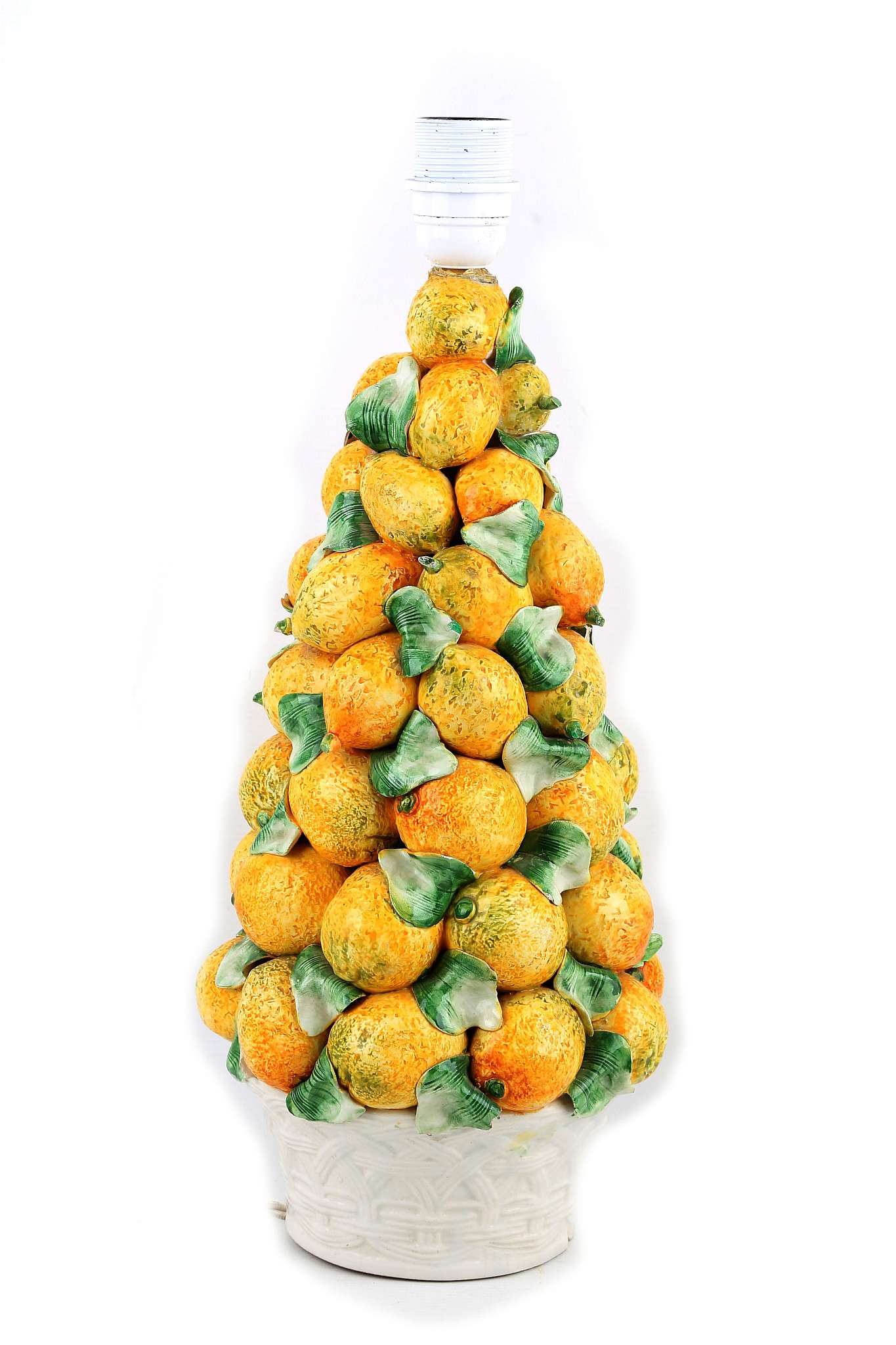 A 20th Century Italian lamp base in the style of a basket of lemons, painted Italy under, 48cm