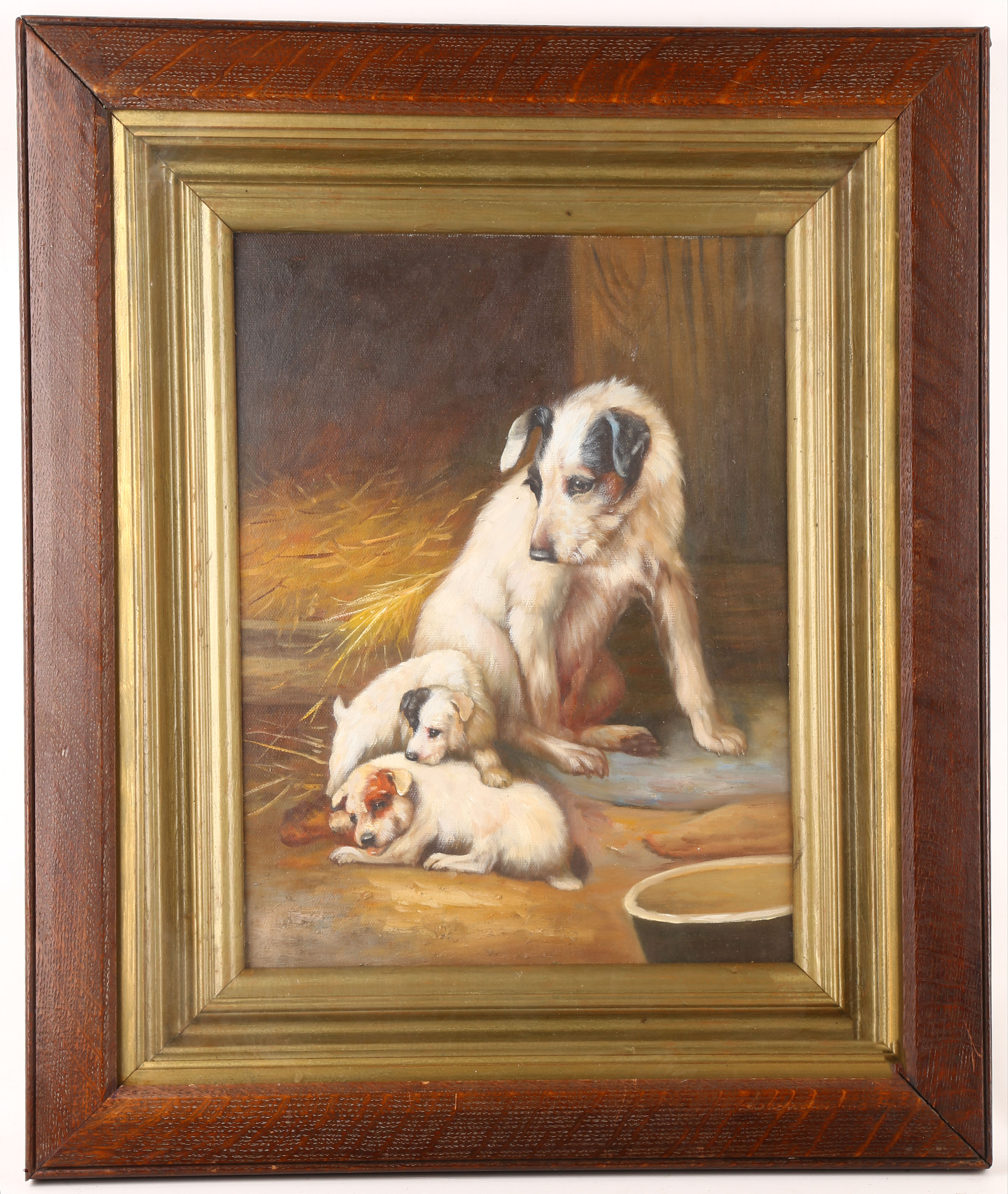 An oil painting study of a Terrier dog and puppies in a byre, oak framed, 39 x 29cm.