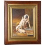 An oil painting study of a Terrier dog and puppies in a byre, oak framed, 39 x 29cm.