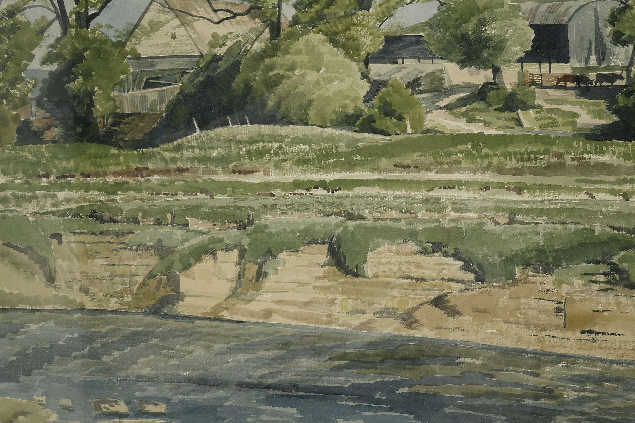 Mid 20th Century (Runcieman?). Exterior watercolour of a terraced river embankment and nearby farm - Image 2 of 3