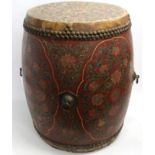 An antique Chinese export ceremonial drum, polychrome gilt lacquer with elaborate scrolling