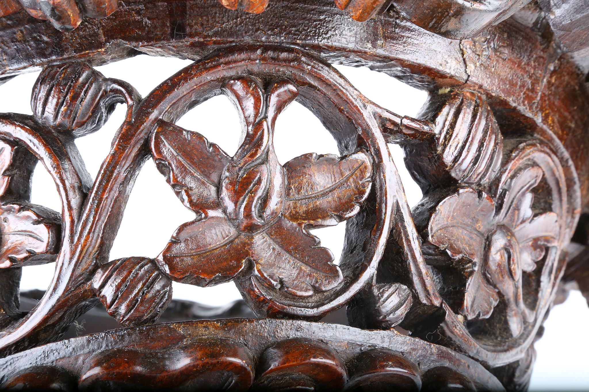 A fine 19th century Indian export carved hardwood jardiniere / plant stand the top basket carved - Image 4 of 6