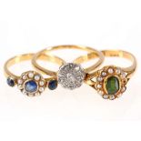 Three gem-set rings, Two set with half pearls, one set with diamonds, 2 with UK hallmarks for 18