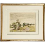 Mark Fisher R.A., R.I.,  'A Walk on the Riverside'. Watercolour exterior riverscape. Signed lower