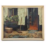 Romain van den Brugge, early 20th Century. 'The Courtyard'. Oil on canvas, well observed exterior