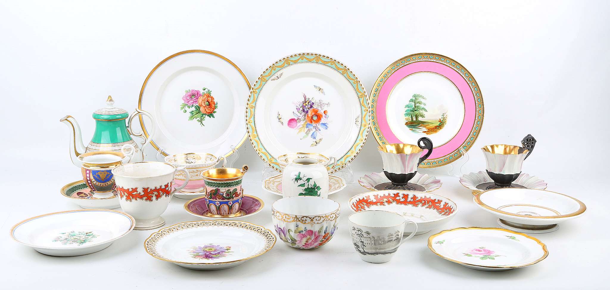 Three early 20th Century KPM - Berlin works, hard paste porcelain cabinet plates, a small Meissen