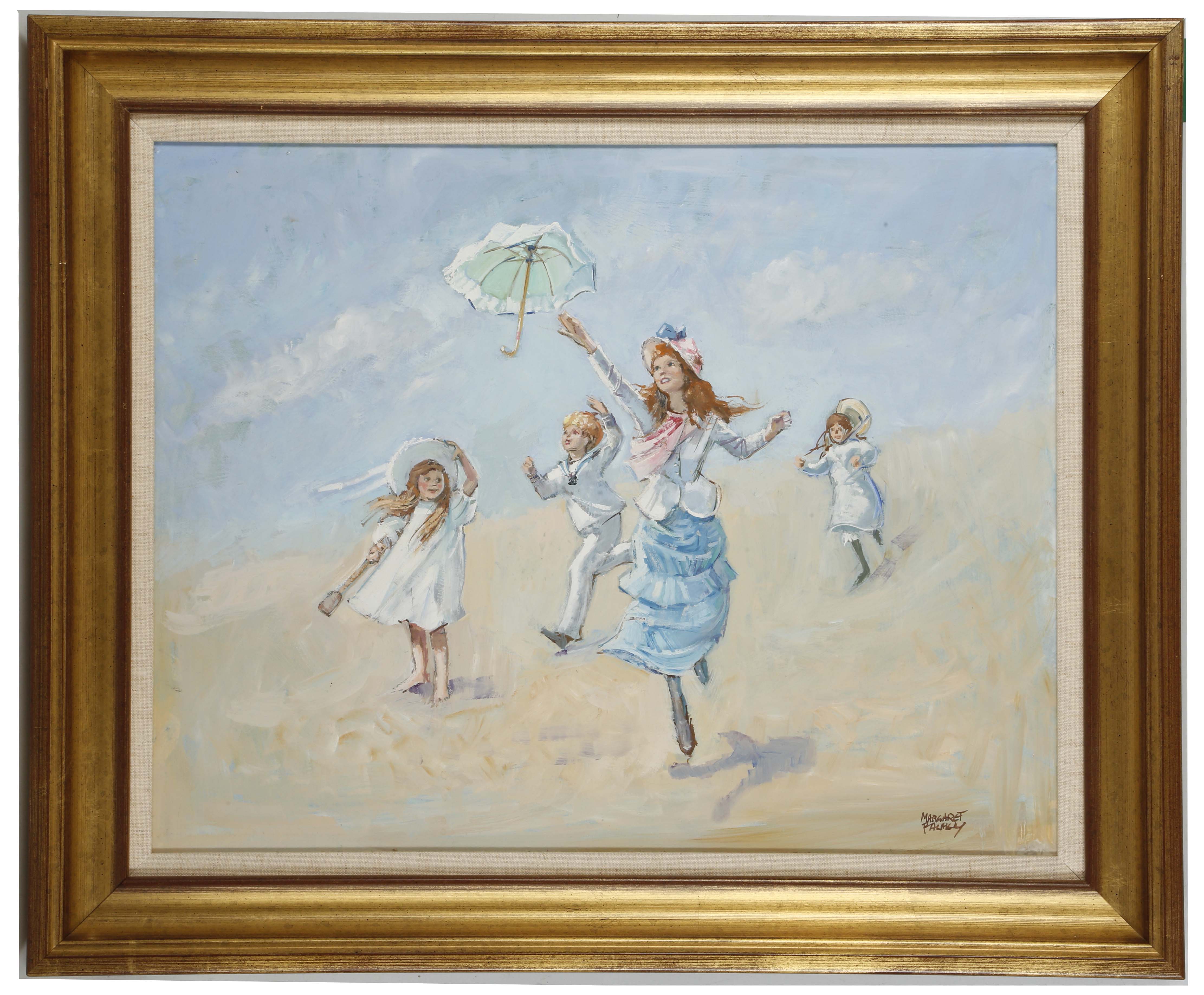 Margaret Palmer 20th Century. 'Chasing Parasols'. Oil on milled board exterior beach scene. Signed