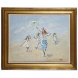 Margaret Palmer 20th Century. 'Chasing Parasols'. Oil on milled board exterior beach scene. Signed