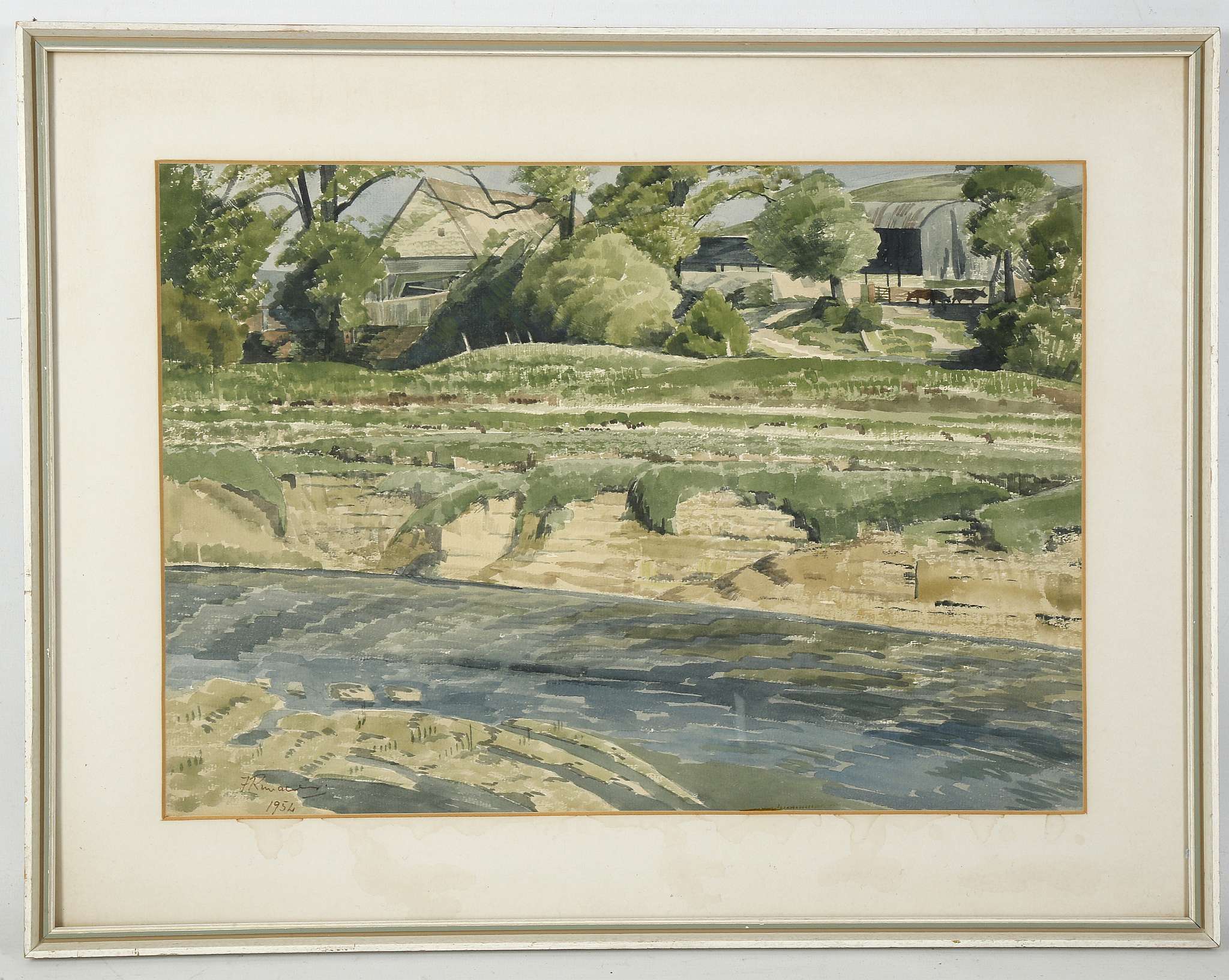 Mid 20th Century (Runcieman?). Exterior watercolour of a terraced river embankment and nearby farm