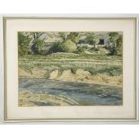 Mid 20th Century (Runcieman?). Exterior watercolour of a terraced river embankment and nearby farm