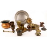 A set of cast iron balance scales and cased steel weights, a brass pestle and mortar, assorted