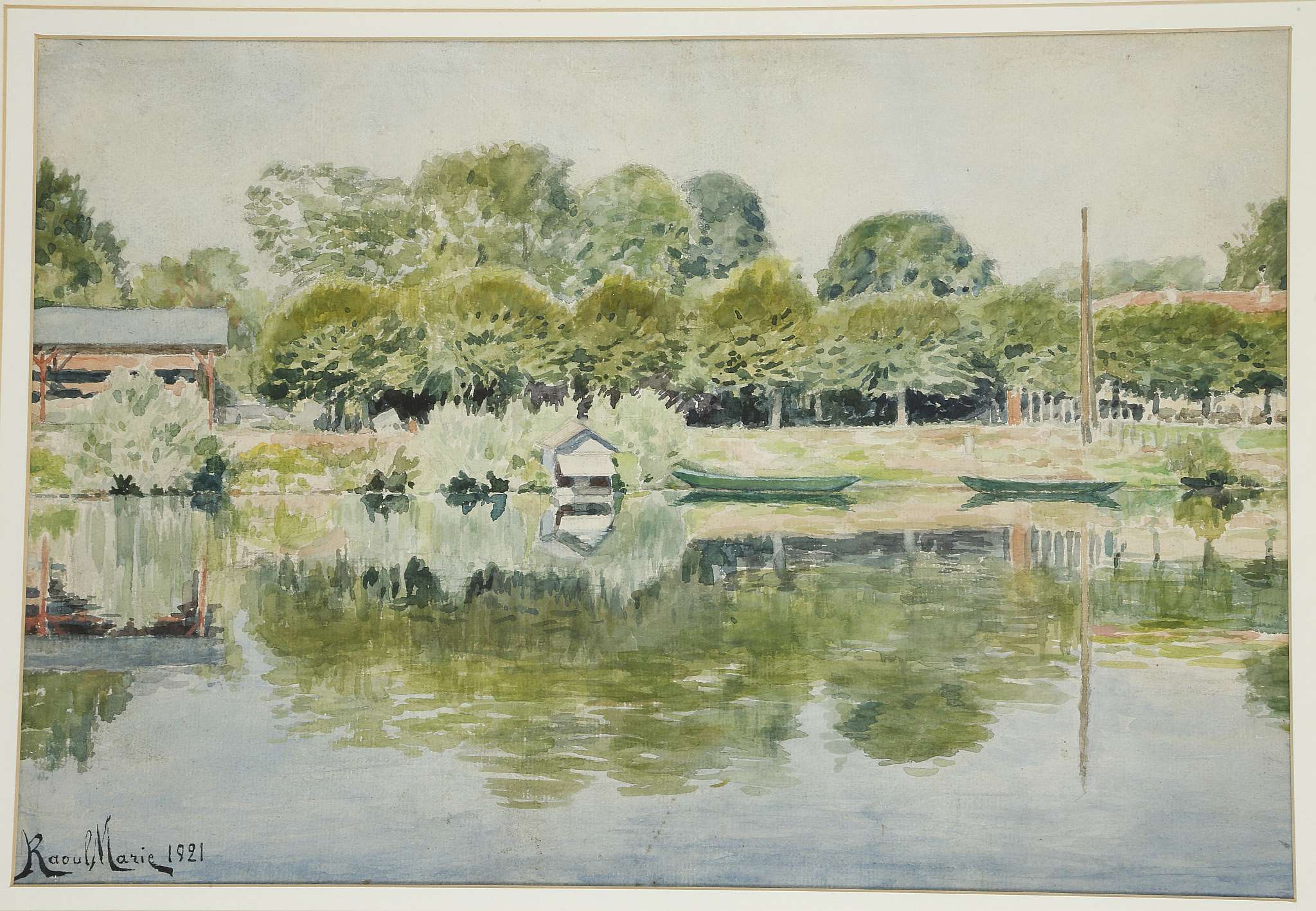 Raoul Marie b.1850 French. 'Au bord de la riviere'. Watercolour riverscape. Signed lower left and - Image 2 of 4