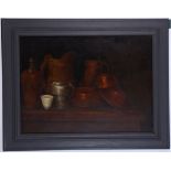 Circa late 19th Century Continental, possibly German. Interior oil on canvas still life of copper