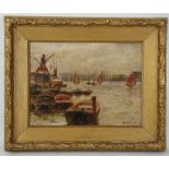 Henry Somers Kortright 1870-1942. 'Harbour Scene'. Oil on milled board. Steamers loading at the