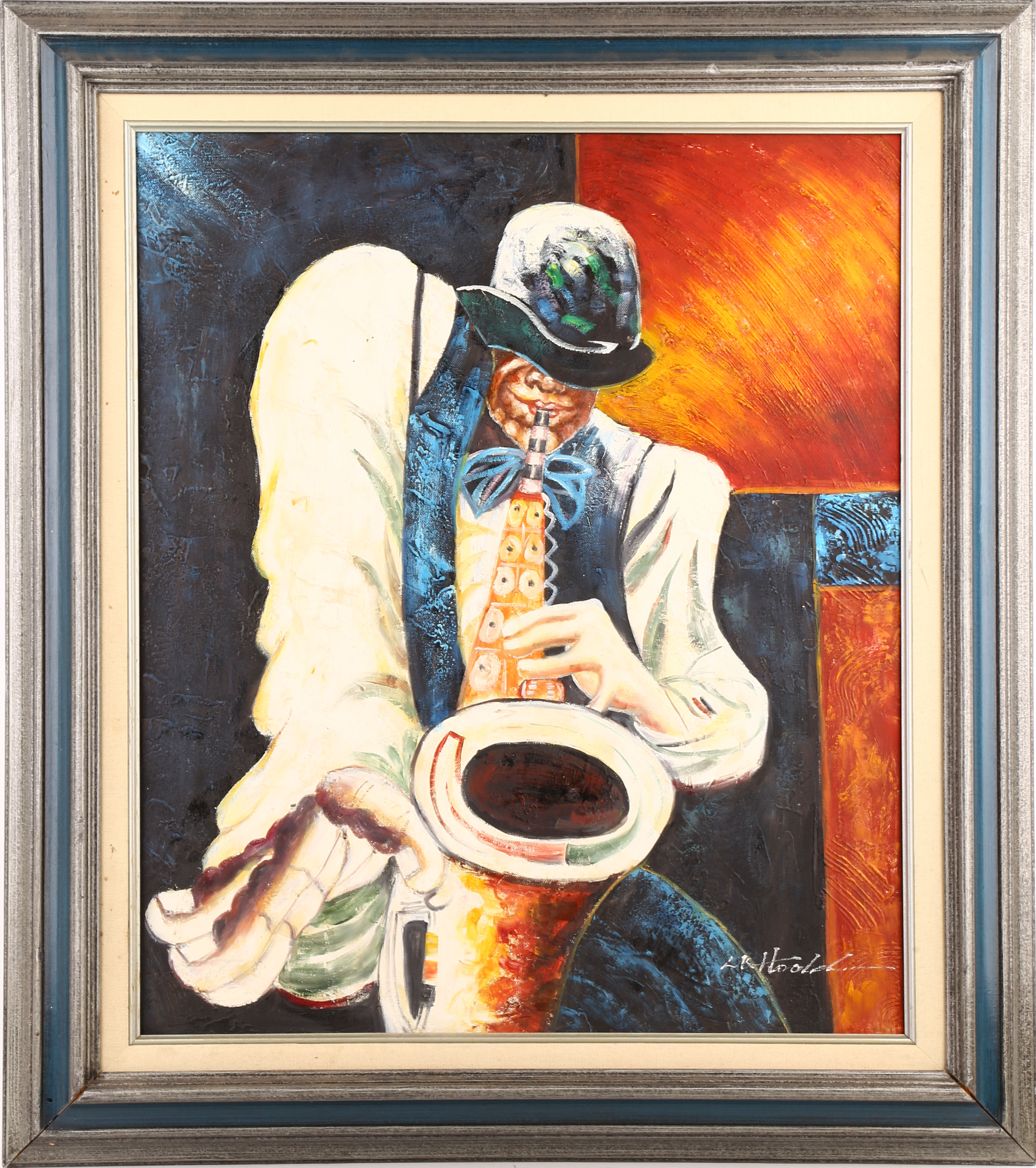 M. Harold (20th Century American). Jazz Musicians, three acrylics on canvas, 60 x 50cm. - Image 5 of 6