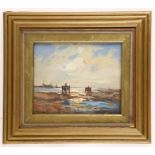 An oil painting depicting a coastal scene with seaweed carts at low tide, gilt framed, 19 x 23.5cm.