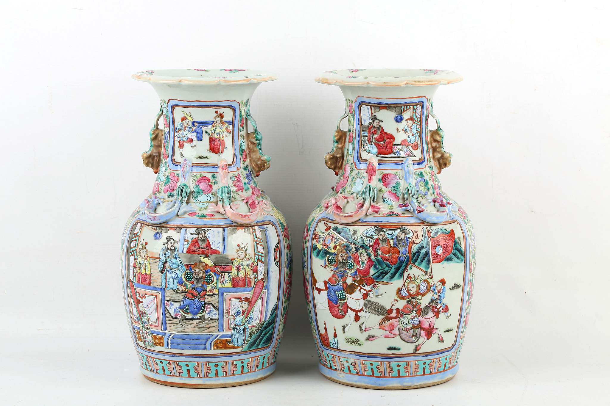 A pair of Chinese famille rose Canton vases with Buddhist lion dog handle and for 'Qi' dragons to - Image 2 of 3