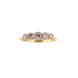 A five-stone diamond ring The millegrain collet-set old brilliant-cut diamonds, the largest to the