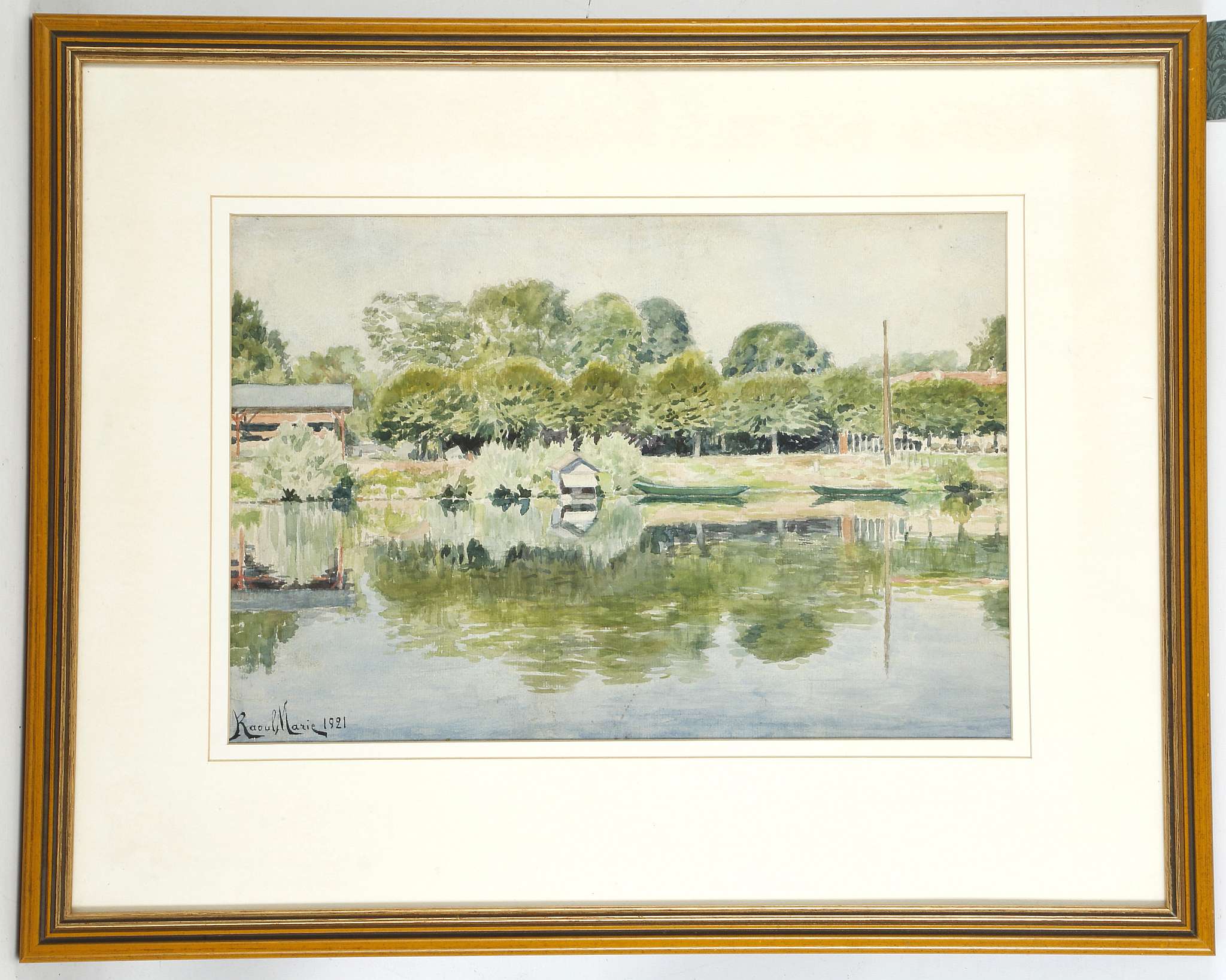 Raoul Marie b.1850 French. 'Au bord de la riviere'. Watercolour riverscape. Signed lower left and