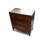 A small regency mahogany three drawer chest on splay bracket feet, 76cm wide.