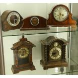 Five early to mid 20th Century oak and mahogany mantel clocks / timepieces.