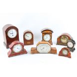 Three early 20th Century mahogany cased mantel timepieces, a later chinoiserie lacquer timepiece and