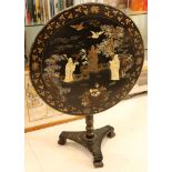 A chinoserie decorated, circular tilt top tea table, on turned pillar and platform base, 83cm