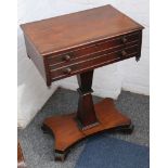 A William IV mahogany work table at small size, of rectangular form, two drawers, raised on a turned