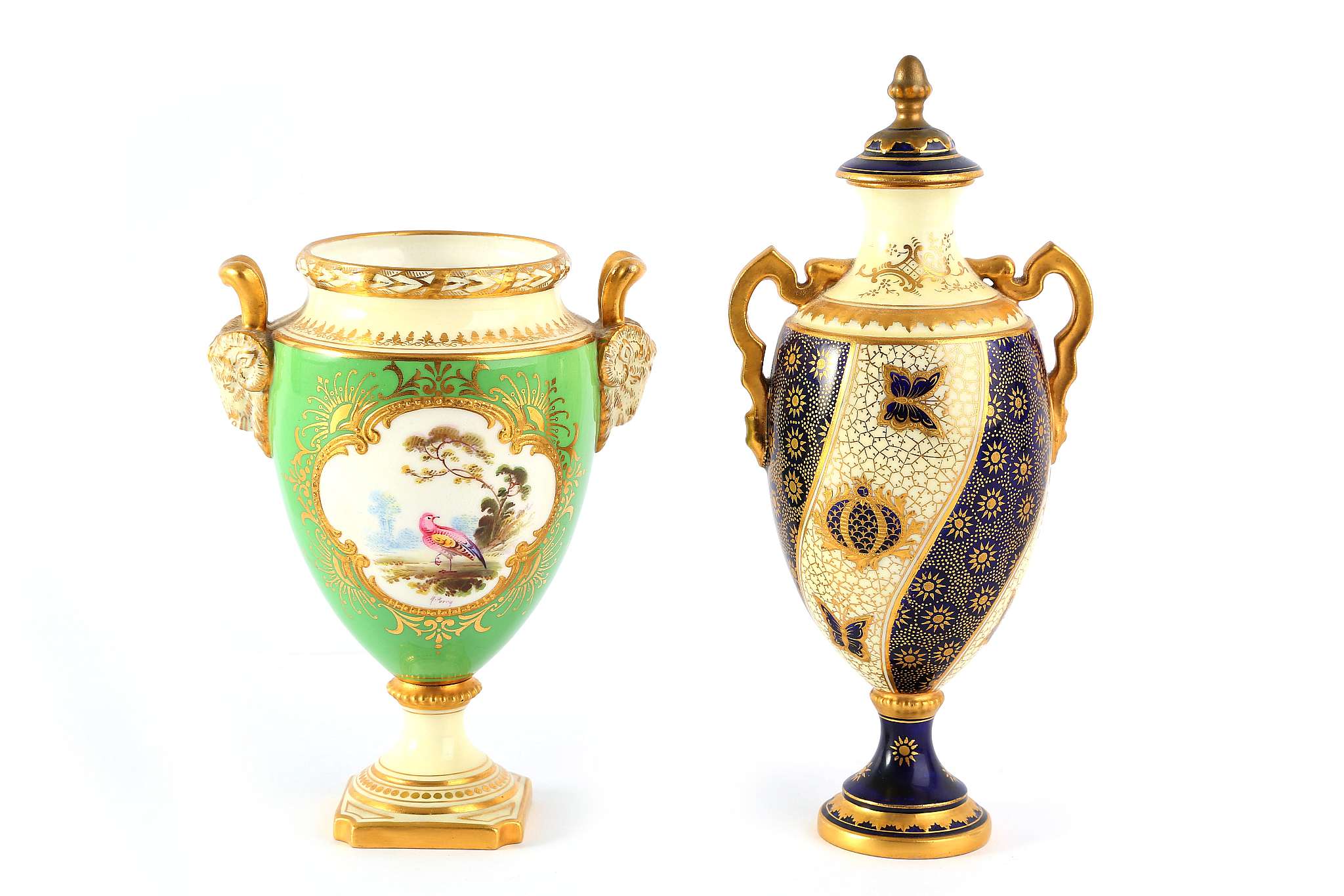 A late Victorian Coalport bone china jewelled twin-handled vase and cover, decorated with gilded
