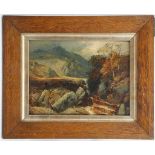 Circa early 19th Century British school. Oil on milled board landscape with river to fore and