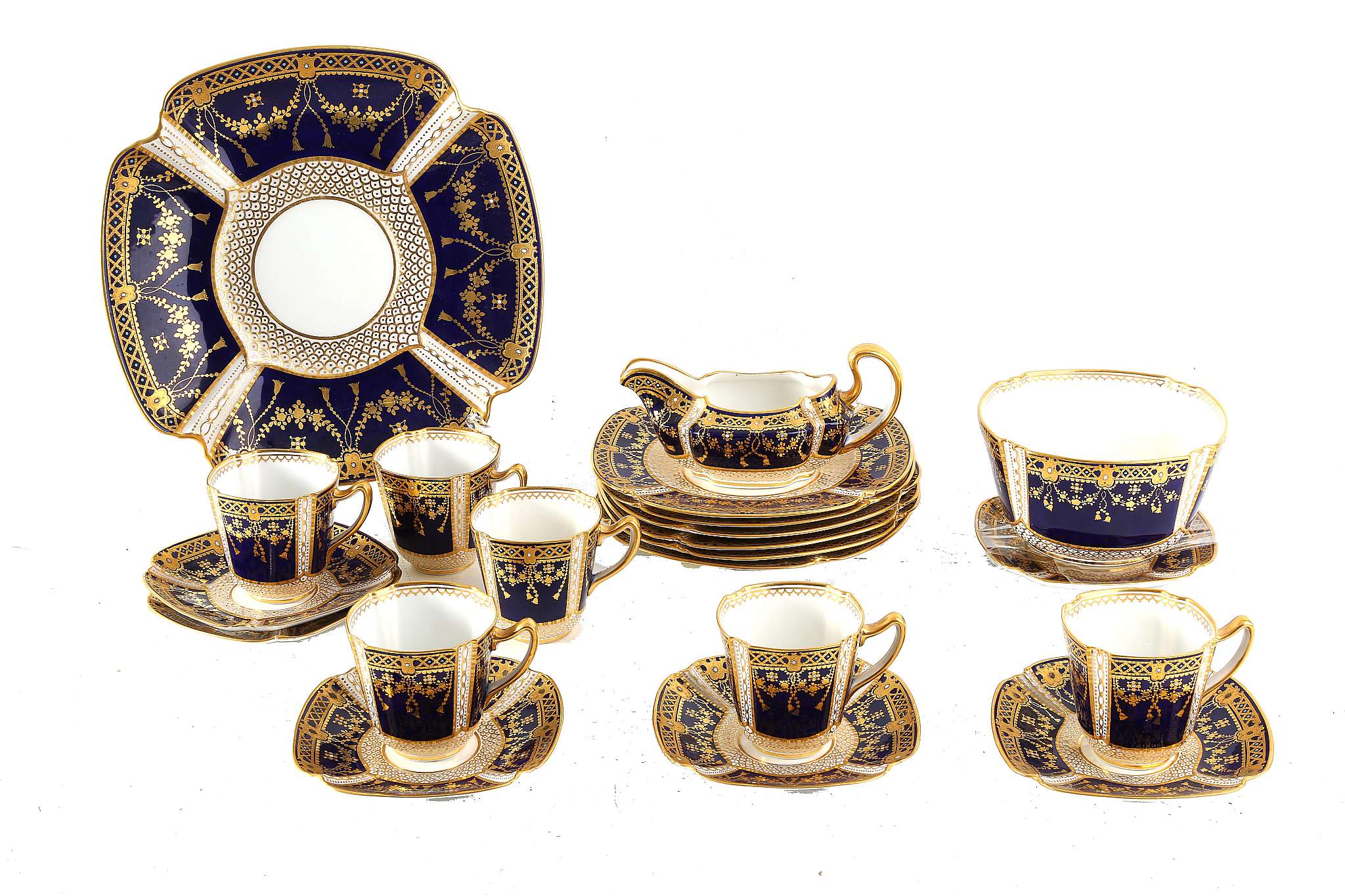 A late Victorian Spode-Copeland bone china tea service for six, having richly gilded cobalt blue