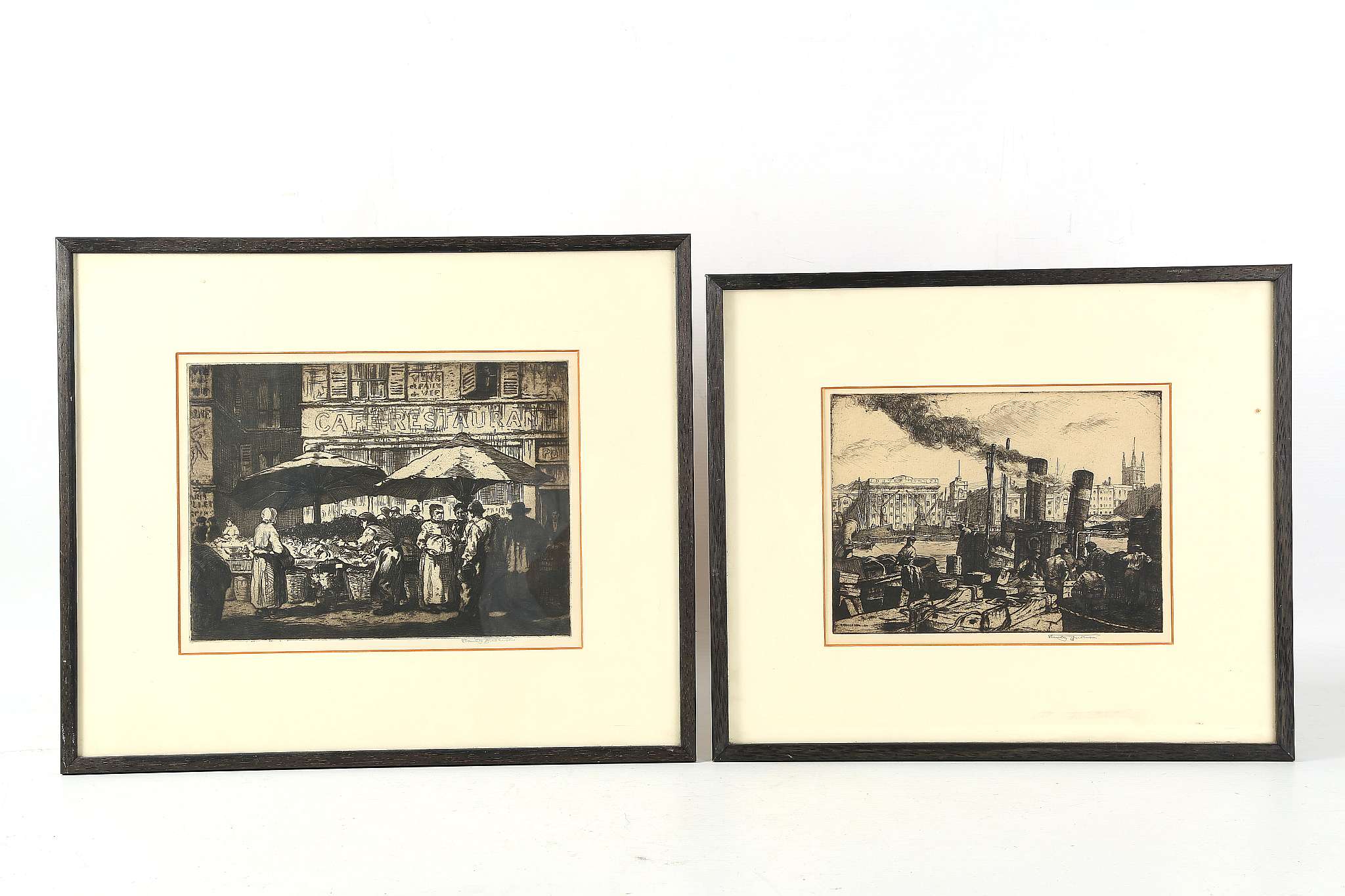 Stanley Anderson, two etchings of a market place and a port, both signed in margins and framed, 22 x